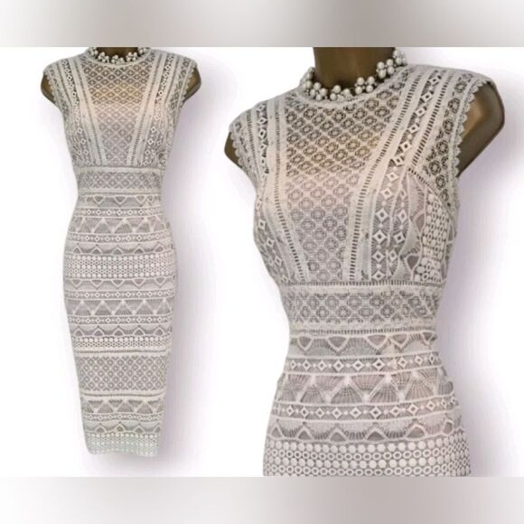 "NWOT Karen Millen Embroidered Ivory Tan Lace Wedding Cocktail Women's Size 8 - Picture 4 of 10